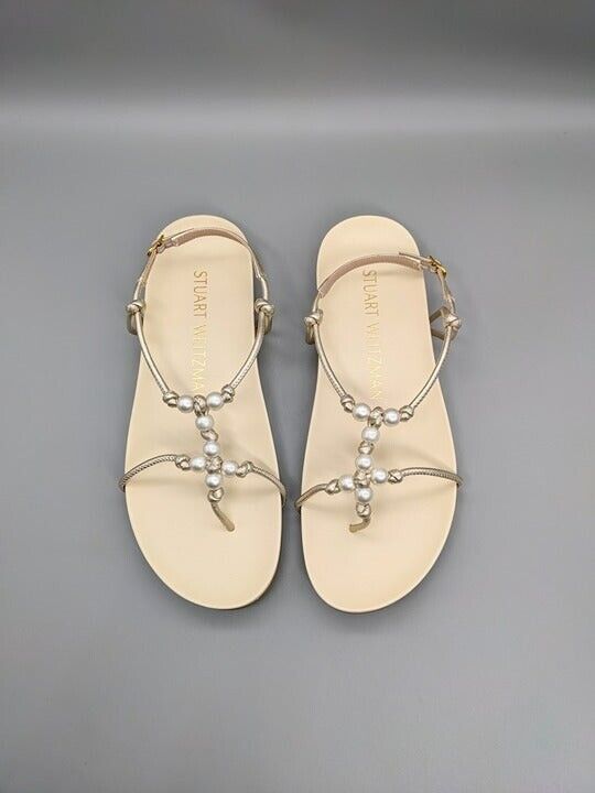 STUART WEITZMAN Pearl Knot Metallic Leather Flat Sandals Size 6.5 MSRP $395