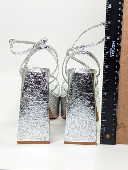 Aqua Chance Strappy Open Toe Platform Block Heels Silver Size 8 (MSRP $118)