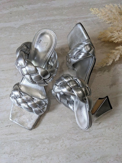 Marc Fisher Hammy Braided Leather Heeled Sandals Silver Size 6.5 (MSRP $165)