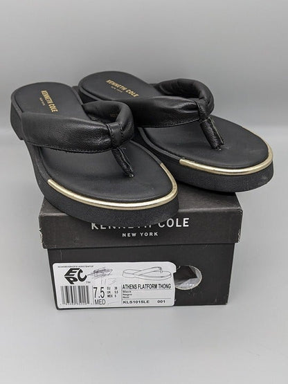 KENNETH COLE NEW YORK ATHENS TONG BLACK LEATHER FLATFORM SANDALS Size 7.5