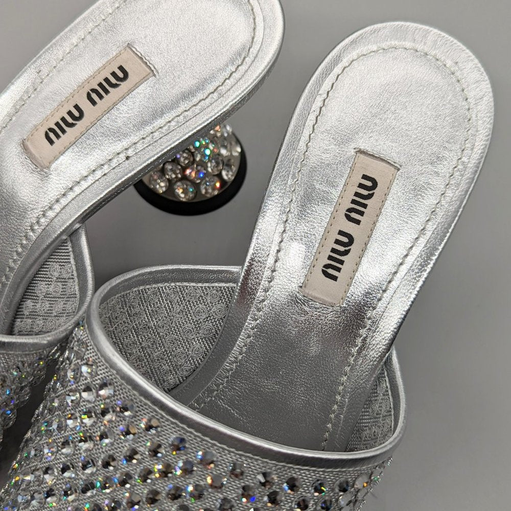 Miu Miu Women's Embellished Slide Heel Sandals Argento Size 38 (MSRP $1,200)