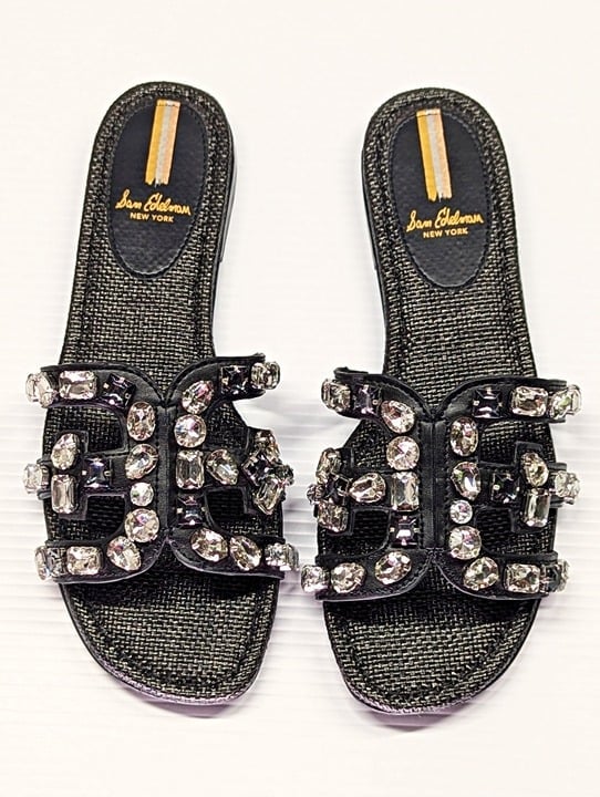 Sam Edelman Women's Bay 16 Embellished Black Leather Sandals Size 9 (MSRP $140)