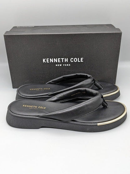 KENNETH COLE NEW YORK ATHENS TONG BLACK LEATHER FLATFORM SANDALS Size 7.5