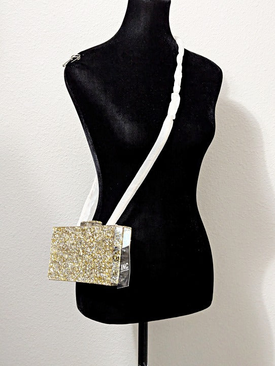 I.N.C. International Concepts Acrylic Box Clutch Crossbody Sparkle Gold