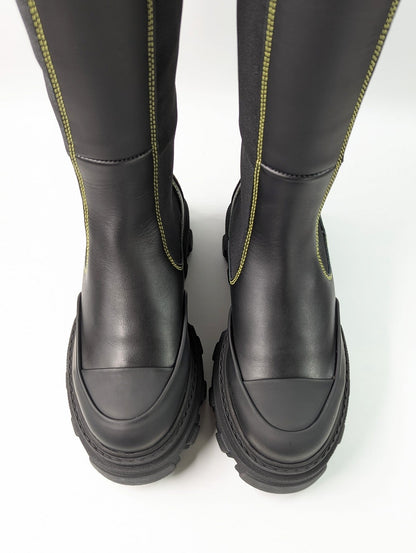 Ganni Women's Black Leather Knee High Chelsea Boots Size 35 EU (MSRP $595)