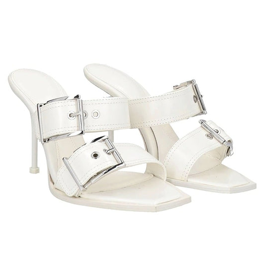 Alexander McQueen Women's White Double Buckle Punk Mules Size 41 (MSRP $1,090)