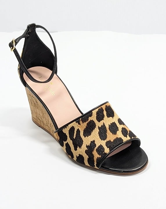 Kate Spade Women's Lonnie Leopard Calf Hair Wedge Sandals Size 5.5 M (MSRP $198)