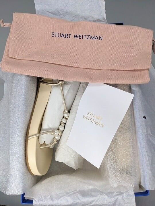 STUART WEITZMAN Pearl Knot Metallic Leather Flat Sandals Size 7.5 MSRP $395