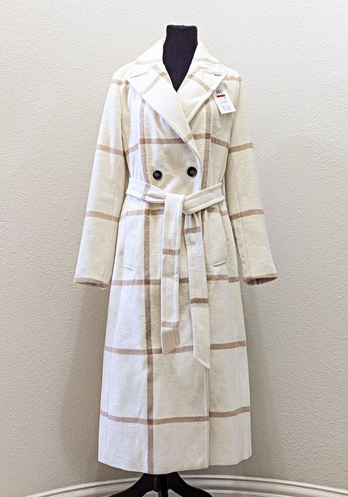 DKNY Women's Plaid Maxi Belted Notch Collar Coat Size XS (MSRP $350)