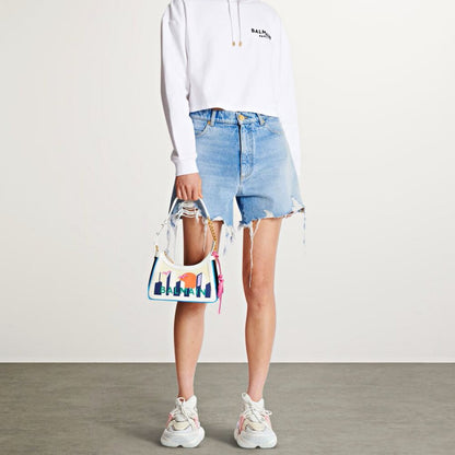 Balmain B-Army Postcard Canvas & Leather Shoulder Hobo Bag (MSRP $1,850)