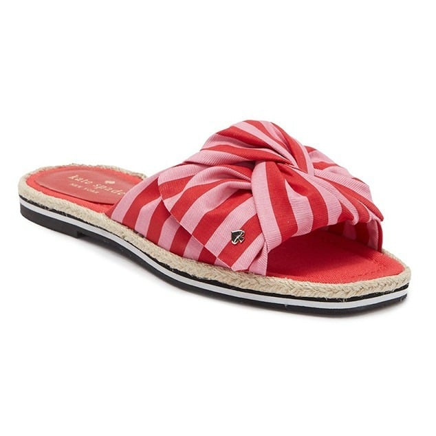 Kate Spade Women's Caliana Pink Red Striped Bow Flat Sandals Size 5.5 MSRP $138