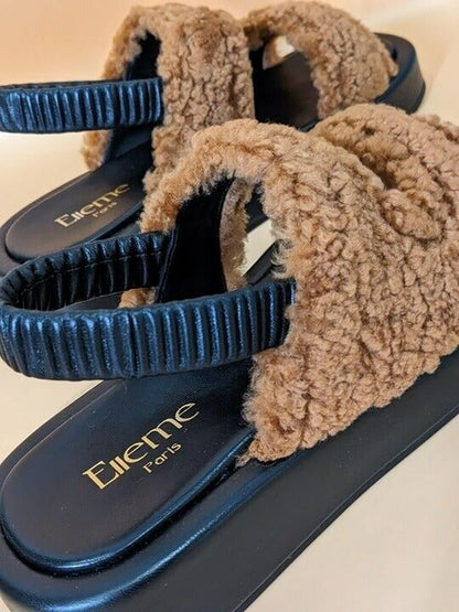 Elleme Paris Gemini Women's Shearling Slingback Sandals Teddy Caramel Size 6.5