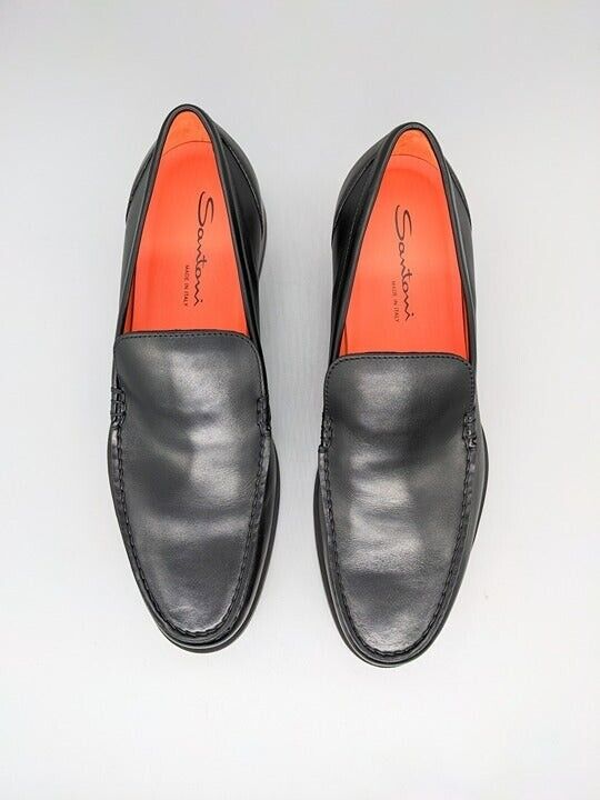 Santoni Faith Men's Black Leather Loafers Almond Toe Size 8.5 (MSRP $750)