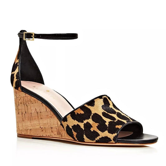 Kate Spade Women's Lonnie Leopard Calf Hair Wedge Sandals Size 6 M (MSRP $198)