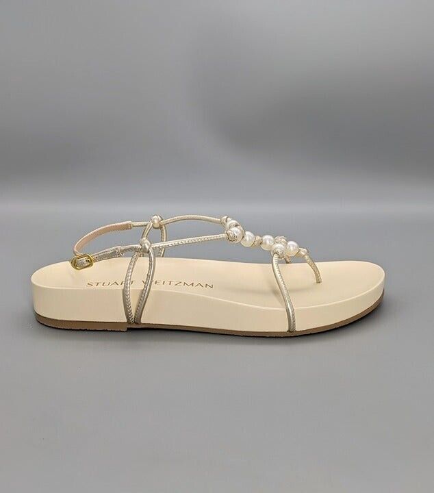 STUART WEITZMAN Pearl Knot Metallic Leather Flat Sandals Size 7 B MSRP $395