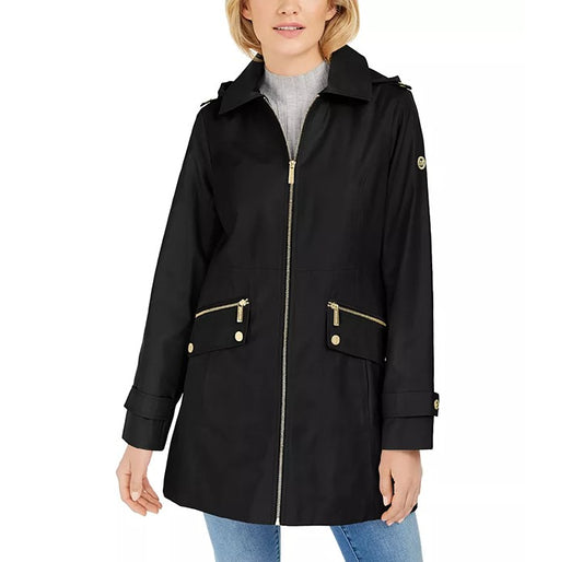 Michael Kors Black Hooded Water-Resistant Raincoat Size Petite-XL (MSRP $320)