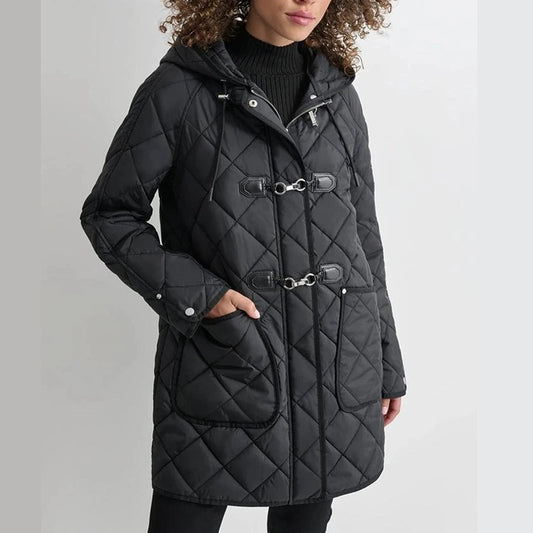 DKNY Women's Water Resistant Black Hooded Quilted Jacket Size XXL (MSRP $180)