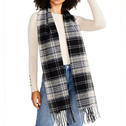 Steve Madden Women's Black Tartan Plaid Scarf with Fringe Detail O/S (MSRP $30)