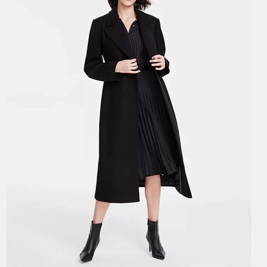 DKNY Women's Black Notched Collar Double Breasted Wrap Coat Size S (MSRP $350)