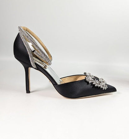 Badgley Mischka Saint Elegant 2 Piece Black Satin Ankle Strap Size 5 (MSRP $248)