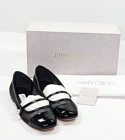 Jimmy Choo Elisa Women's Ballet Flats Patent and Mesh Black Size 38 (MSRP $795)