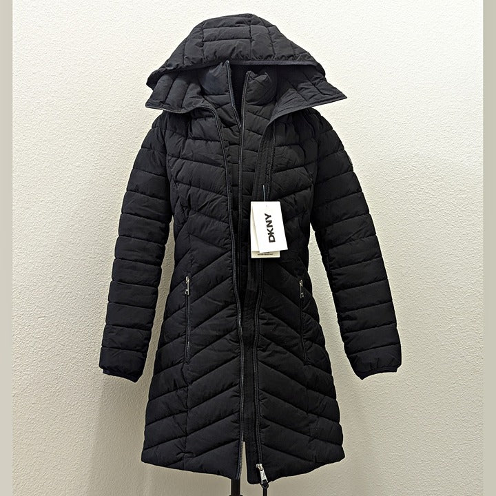 DKNY Women's Black Bibbed Packable Puffer Coat Size XS (MSRP $180)