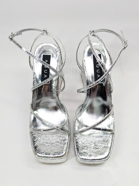 Aqua Chance Strappy Open Toe Platform Block Heels Silver Size 8 (MSRP $118)
