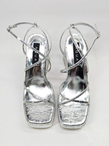 Aqua Chance Strappy Open Toe Platform Block Heels Silver Size 8 (MSRP $118)