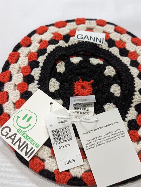 Ganni Women's Lambswool Crochet Beret Orange Color-block (MSRP $195)