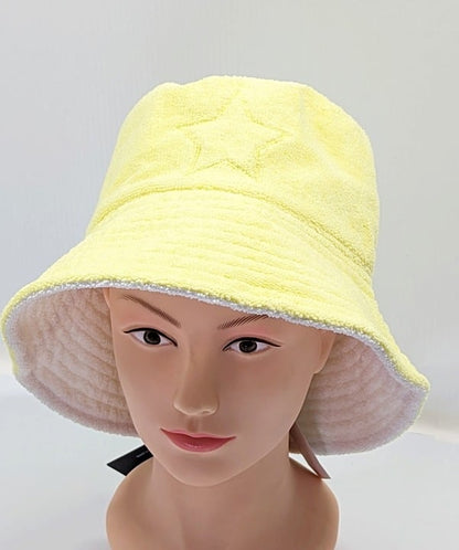 Jocelyn Women's Reversible Star Terry Bucket Hat Light Yellow O/S (MSRP $65)