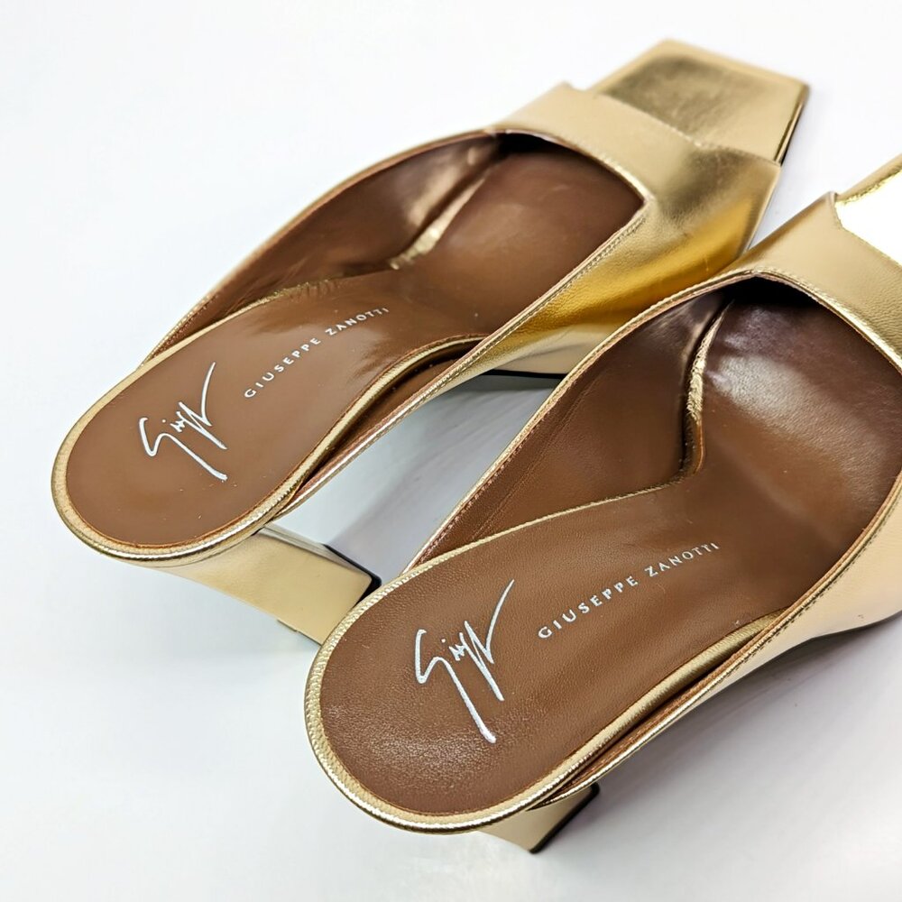 Giuseppe Zanotti MYA 105 Open-Toe Mule Gold Laminated Leather Size 37 MSRP $750