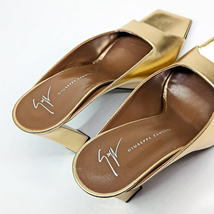 Giuseppe Zanotti MYA 105 Open-Toe Mule Gold Laminated Leather Size 37 MSRP $750