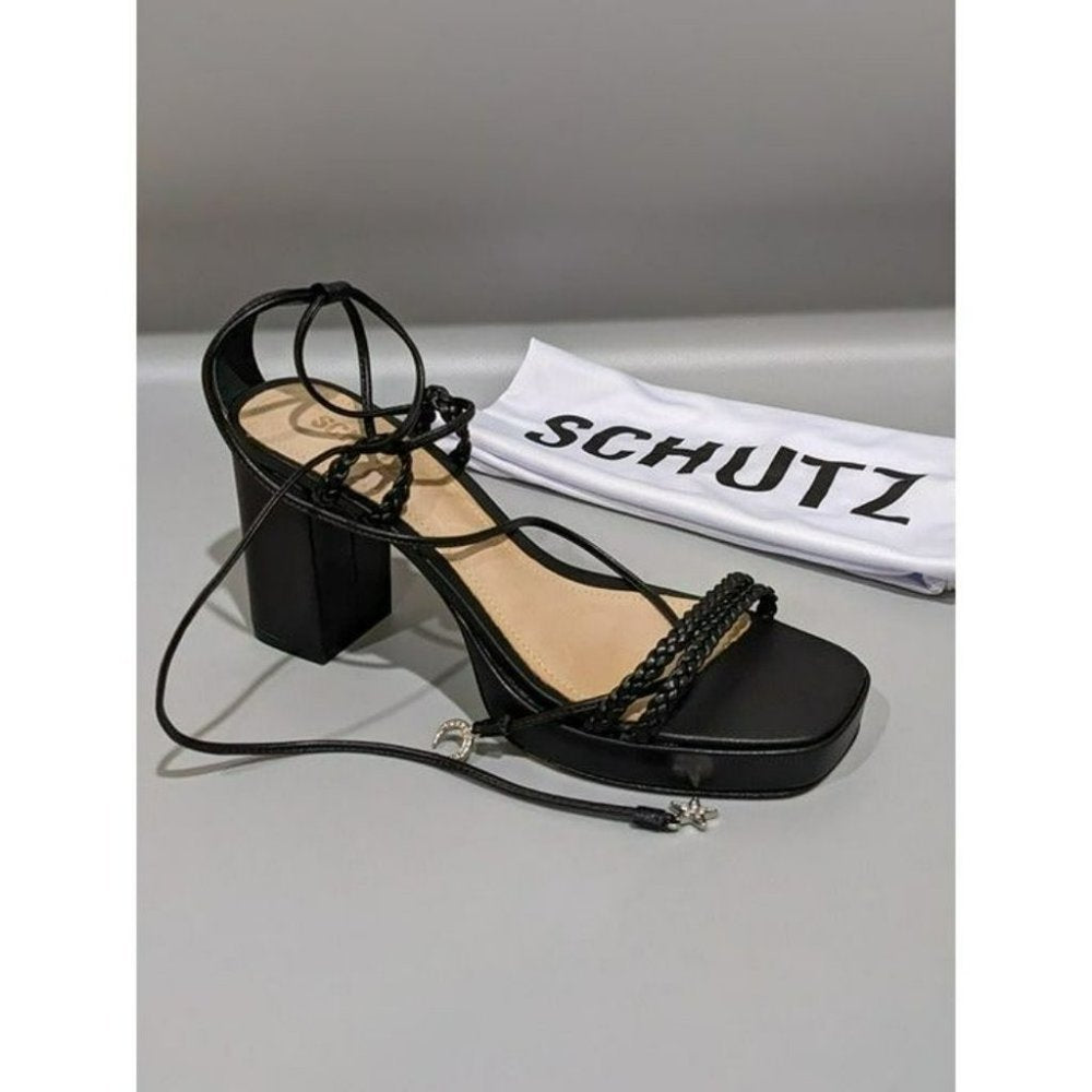 Schutz Lunah Plat Women's Leather Lace-up Sandals Black Color Size 9.5 M