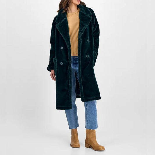 Jou Jou Women's Faux-Fur Double-Breasted Coat Hunter Green Size S (MSRP $100)