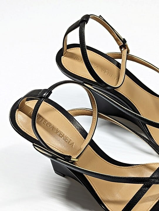 Bottega Veneta Women's Black Stretch Strappy Wedge Sandals Size 39 (MSRP $1,100)