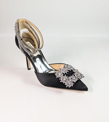 Badgley Mischka Saint Elegant 2 Piece Black Satin Ankle Strap Size 5 (MSRP $248)