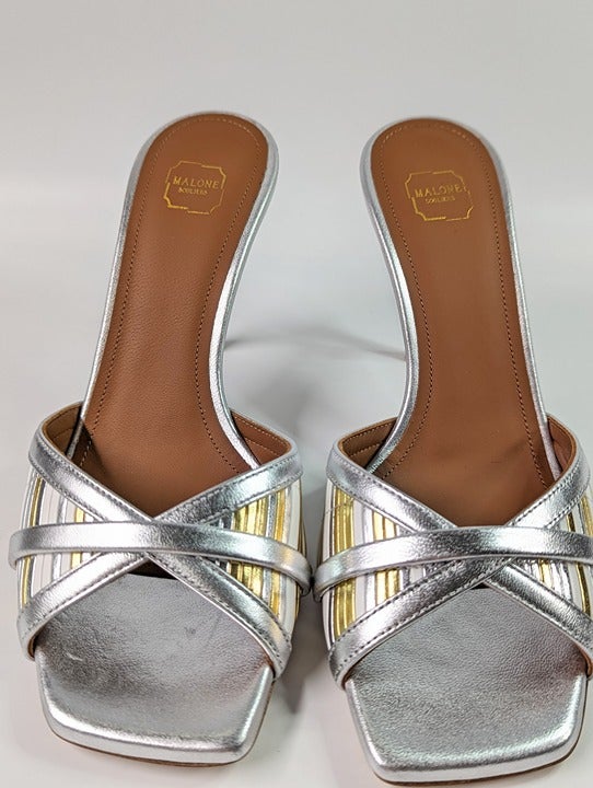 Malone Souliers Women's Perla 85 Metallic Mules Sandals Size 36.5 EU (MSRP $695)