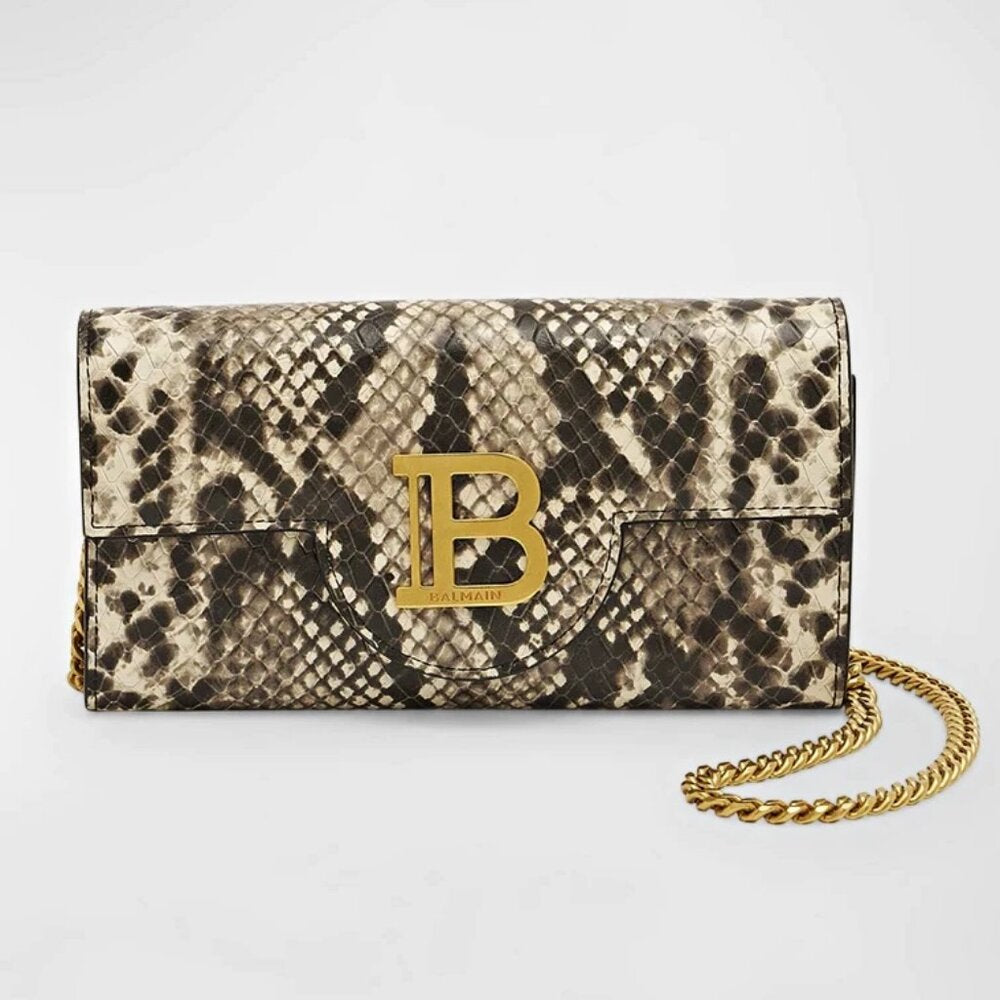 Balmain B-Buzz Snakeskin-Embossed Leather Gold Chain Clutch Wallet (MSRP $1,095)