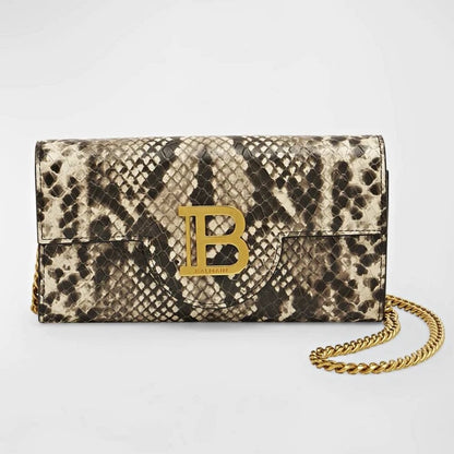Balmain B-Buzz Snakeskin-Embossed Leather Gold Chain Clutch Wallet (MSRP $1,095)