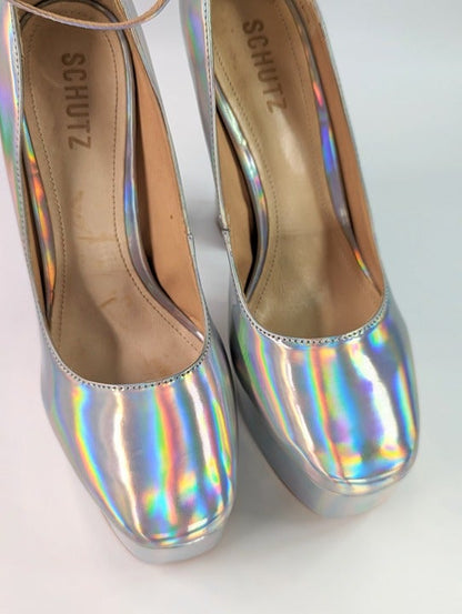 Schutz Renee Women's Ankle Strap Platform Pump Hologram Size 7.5 B (MSRP $158)