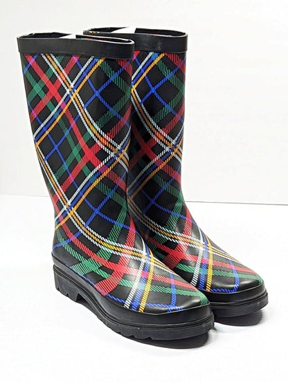 Sugar Raffle 4 Women's Waterproof Tall Rain Boots Plaid Size 9 M (MSRP $70)