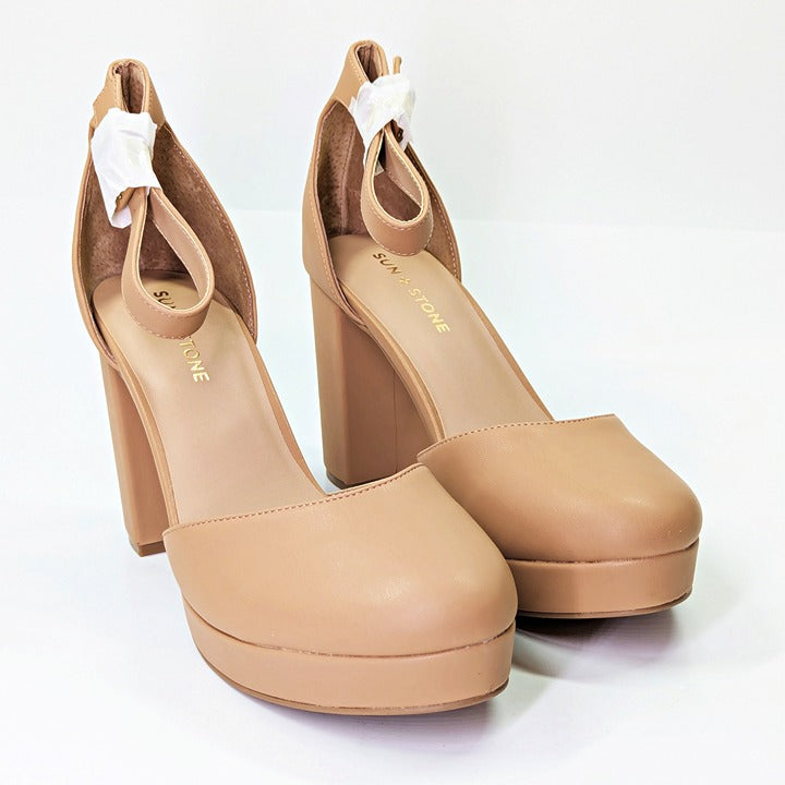 Sun + Stone Women's Birdey Nude Ankle Strap Platform Pumps Size 9.5 (MSRP $80)