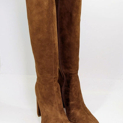 AQUA Women's Leigh Square Toe High Heel Boots Brown Goring Size 9 (MSRP $228)