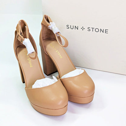 Sun + Stone Women's Birdey Nude Ankle Strap Platform Pumps Size 8 (MSRP $80)