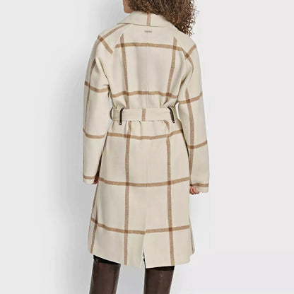 DKNY Women's Plaid Maxi Belted Notch Collar Coat Size M (MSRP $350)
