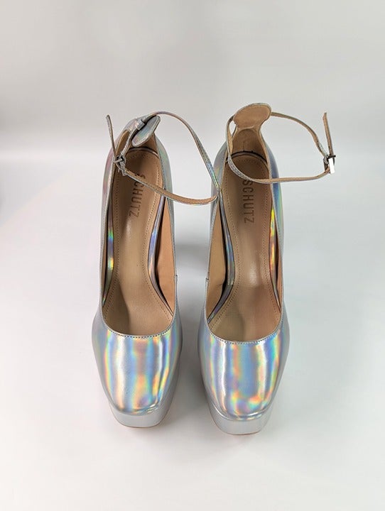 Schutz Renee Women's Ankle Strap Platform Pump Hologram Size 9 B (MSRP $158)