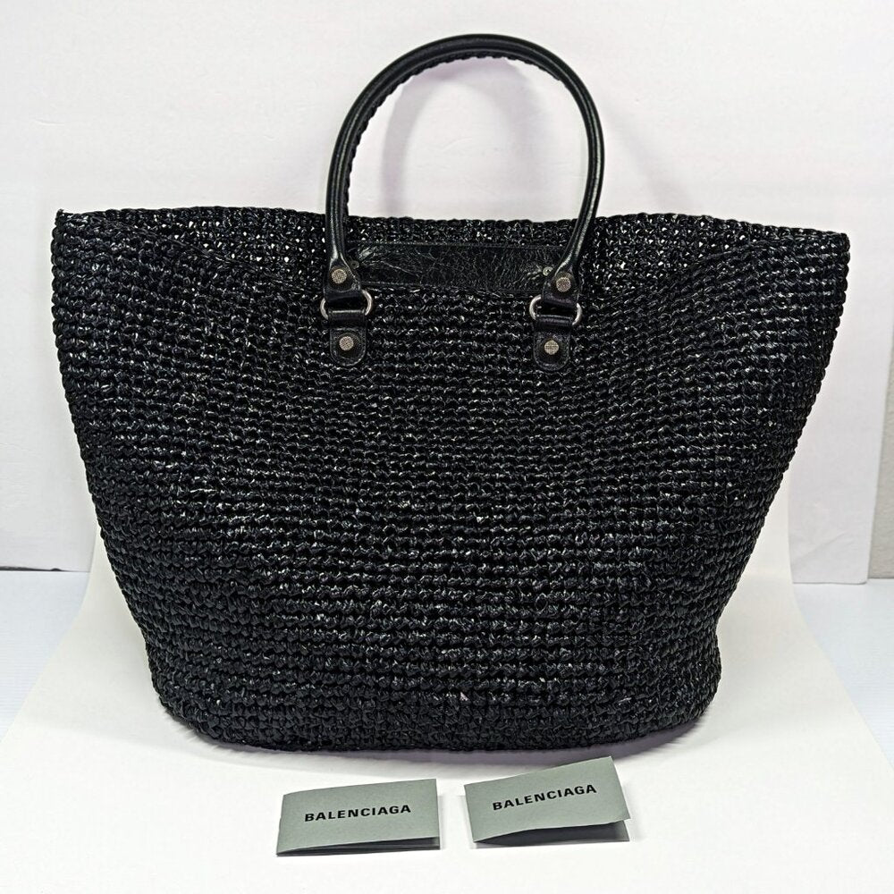 Balenciaga Women's Large Le Cagole Panier Black Raffia Tote Bag (MSRP $1,750)