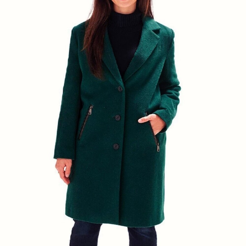 DKNY Women's Button-Front Zip-Pocket Walker Coat Green Size XXS (MSRP $360)