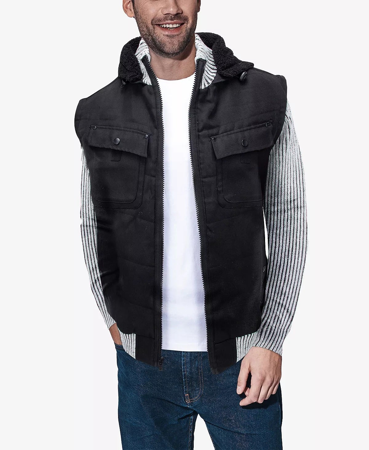 X-Ray Men's Canvas Flap Pocket Full Zip Sweater Jacket Sherpa Hood Size S - $100