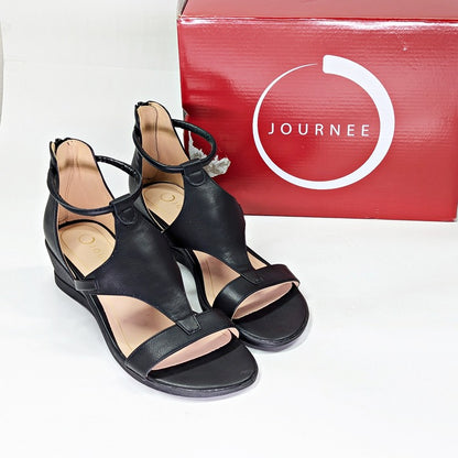 Journee Collection Women's Trayle Black Wedge Sandals Size 8 (MSRP $95)